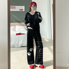 투니스 여성 프릴 프린팅 루즈핏 와이드 밴딩 긴바지