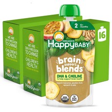 Happy Baby Organics Brain Support 블렌드 바나나 시금치 패션프루트 및 귀리 DHA 및 콜린 포함 118.3ml(4온스) 파우치 (16개 팩), 바나나, 시금치, 패션프루트 및 귀리