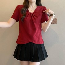 유니픽 여성 봄여름 주름 디자인 반팔 티셔츠 V넥 루즈핏 상의zhb