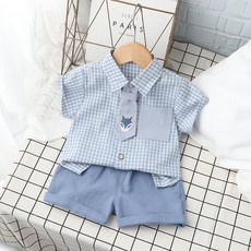 男童夏裝短袖套裝2025寶寶夏季格子領帶衣服小童潮新款兒童兩件套