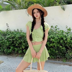 新款兩件式裙式泳衣 女 顯瘦 日系 純色 溫泉泳裝