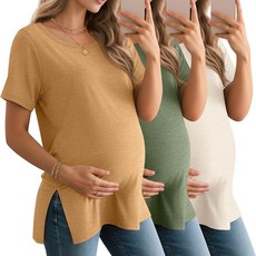 BAGGY 배기fly 여성용 임산부 셔츠 반소매 라운드넥 사이드 스플릿 상의 루즈핏 여름 캐주얼 엄마 의류 3팩 오렌지 그래스 그린 크림 M 190971, L, 오렌지, 그래스 그린, 크림