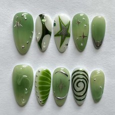 MISUD Press on Nails - Medium Almond Fake with Handmade 3D Gel Acrylic Green Design 24 pcs 145122, 09322Green