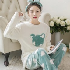 가을과 겨울 산호 양털 잠옷 여성 겨울 패딩 플러스 벨벳 플란넬 홈 의류 겨울 2021 새로운 정장, 흰 녹색 곰, 1개, XL 코드
