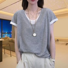 假兩件撞色V領短袖上衣女寬鬆百搭休閒T恤