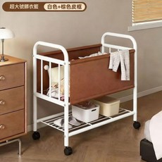 中古風 可移動帶輪雙層洗衣籃 黑色+棕色皮籃, 白色