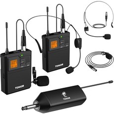 듀얼 헤드셋 마이크라발리어 라펠 마이크 바디팩 송신기 미니 충전식 수신기 2x15 채널 200ft 범위 음성 PA 스피커 녹음용 TONOR UHF 무선 시스템, 2 Packs, 2 Packs