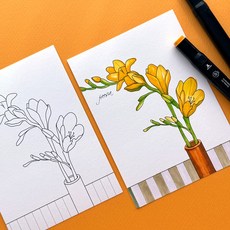 프리지아 꽃 쉬운 색칠 엽서 도안 편지쓰기, 1개