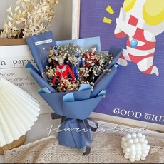 奧特曼花束 成品 送男友 朋友 生日禮物 聖誕禮物 滿天星創意公仔花束 兒童節禮物, 1個, 中號深藍5個奧特曼