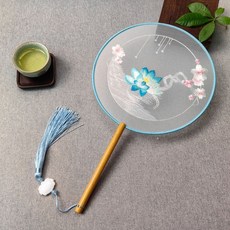 桃園出貨 古風刺繡團扇 蘇州雙面舞蹈扇 國風漢服旗袍古典圓扇 夏季仿古扇, 雙面蘇繡-繞絲邊-蓮花, 1個