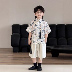 兔巴叮童裝男童襯衫套裝夏季新款新中式兒童帥氣中式短袖襯衣唐裝漢服演出服畢業禮服幼兒園學生裝