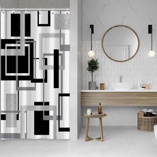 Baocicoo 모던 기하학 샤워 커튼 세트 블랙 화이트 블루 욕실 사각형 추상 미니멀리즘 목욕 방수 내구성 후크 포함 91.4 x 182.9cm(36 72인치), 실버