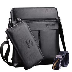 巴諾袋鼠男士包包 男包單肩斜挎包 豎款休閒背包商務小挎包, 黑色三件套