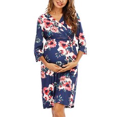[ 1205951 ] 피부티 임산부 병원 가운 분만 및 출산 수유 가운 잠옷 임신 산후 모유 수유 꽃무늬 네이비 라지