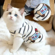 장모종 고양이 전용 베어 스트라이프 후드 니트 귀여운 강아지 자수 데일리 애완동물 의상, 1개, White