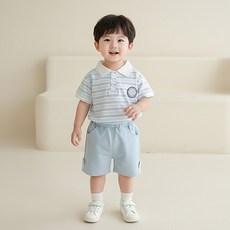 몽실이 블루 스트라이프 와펜 반팔상하복 여아 남아 아기 어린이집 등원룩 등원복 나들이룩 바캉스룩 하객룩 여름 상하세트
