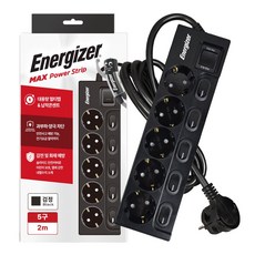 에너자이저 납작플러그 과부하차단 고용량 개별스위치 멀티탭 5구 16A, 블랙, 1개, 2m