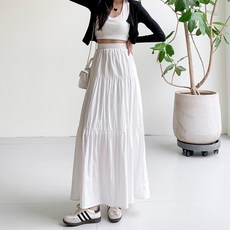 여성 밴딩 허리 A라인 티어드 스커트 셔링 데일리 치마 롱 캉캉 스커트