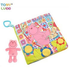 TONY LVEE寶寶布書A6J，嬰兒觸摸布書，可愛玩偶熊，晚安熊，快樂熊，安靜書，撕不爛大本布書, 粉熊款