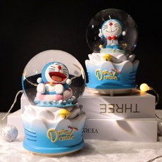 哆啦A夢水晶球 大號內轉飄雪燈光八音盒 桌面裝飾擺件 兒童節禮物, 歡樂哆啦A夢,中號手搖飄雪燈光音樂