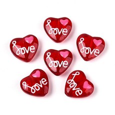 Elecrelive 주얼리 제작용 하트 비즈 2개 레드 페인트 단어 사랑 유리 비즈 손으로 그린 크리스탈 발렌타인 데이 팔찌 목걸이 귀걸이 공예용 164479, 레드, 러브