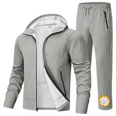 BGOWATU 남성용 플리스 안감 트랙수트 세트 재킷 후디 스웨트수트 러닝 스포츠 바지 의상 지퍼 포켓 포함 라이트 그레이. XXL