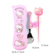 韓國 lilfant 凱蒂貓304不鏽鋼兒童餐具組 多款選擇, 1個, 流沙3件組, 粉紅色, 學習筷、湯匙、叉子、水杯