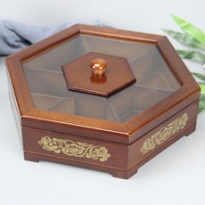 實木堅果盤客廳幹果收納盒喜糖結婚瓜子果盒木質分格帶蓋創意中式, 胡桃木色33cm, 1個