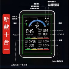 空氣品質檢測儀 五合一 6合1 溫度 濕度 甲醛檢測 濃度檢測儀 二氧化碳偵測器 空氣檢測 甲醛測試儀 有機污染物測試, 1個, 10合1-空氣檢測器【黑/白顏色請備註】