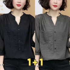 1+1 중년여성 여름 브이넥 단추 5부 소매 셔츠 블라우스 루즈핏 린넨코튼 남방 100kg