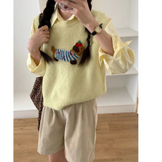 서진맘 여성 라운드넥 강아지 캐릭터 니트 베스트 조끼