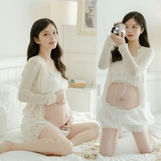 만삭 크롭티 레이스 임부복 배꼽티 주수사진 옷 세트