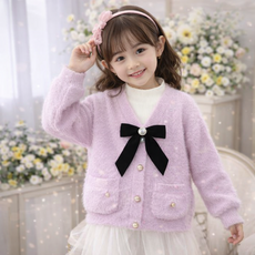 女童針織開衫外套，可愛蝴蝶結裝飾