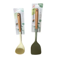 櫸木柄矽膠煎鏟 湯杓 煎匙 料理用具 廚房工具, 1個, 櫸木柄矽膠湯杓,抹茶綠