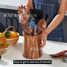 木質餐具收納盒 家用廚房烹飪工具整理盒 廚具收納籃, 相思木原木色旋轉桶大號口寬15cm高2, 1個