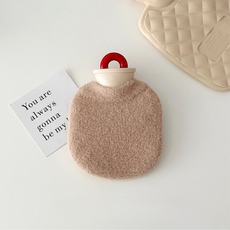 【BAGEL蓓果】現貨 毛絨熱水袋 熱敷袋 復古跳色 暖手袋 生理期暖肚子 便攜式 防爆暖水袋 注水熱水袋 絨布熱水袋, 1個, 杏色熱水袋350ml+贈毛套