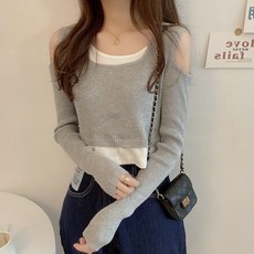 고급감 ins 섹시 오프숄더 긴팔 하트 티셔츠 여자 2022 봄 가을 휴가 두 벌 bm 짧은 니트 상의
