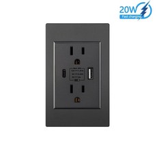 妃雪森 台灣110V美標118型六孔USB面板插座，黑色霧面，15A快充Type-c牆壁插座, 1個, PC黑色20W快充USB+ type-c