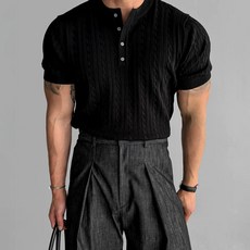 style dr 남성용 어깨 넓어보이는 머슬핏반팔 꽈배기 반팔니트 남자반팔티