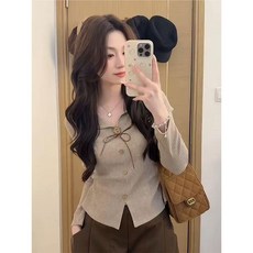 순수한 욕망 스타일 디자인의 끈 장식 긴팔 T 여성용 초가을 독특한 허리 조절 기본 셔츠 소규모 카키색 상의
