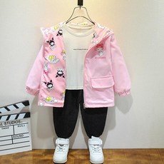 여아 양면 바람막이 자켓 키즈 양면점퍼 귀여운 쿠로미 캐릭터 아동 아우터 후드점퍼, 120cm, 핑크레드