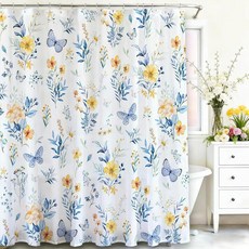 Mocsicka 꽃무늬 샤워 커튼 블루 플라워 욕실 보태니컬 장식 방수 세탁기 세탁 가능한 세트 후크 12개 포함 (블루 180.3 x 180.3cm(71 71인치))