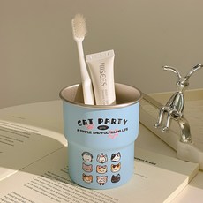 小貓高級卡通家族漱口杯高顏值情侶家用家庭裝刷牙杯學生不鏽鋼杯, 1個, 小貓洗漱杯-淺藍:301-400ml