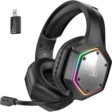 EKSA E1000 게이밍 헤드셋 노이즈 캔슬링 마이크와 RGB 조명 포함 PC PS4 PS5 노트북 호환, EKSA 2.4G 무선 + 3.5mm 잭 검정