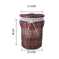 特大號藤編帶蓋臟衣籃 - 家用圓形洗衣籃/洗衣簍/收納筐, 【咖啡色中號】皮質把手