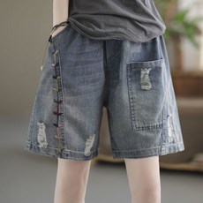 여성용 여름 빅사이즈 데님 반바지 와이드 자수 밴딩 찢어진 찢어진 청반바지