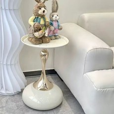 意式輕奢小蠻腰沙發邊幾客廳茶几家用創意現代簡約圓形角幾小戶型, 1個, 奶白色直徑40高度55cm-電鍍金杆:如圖