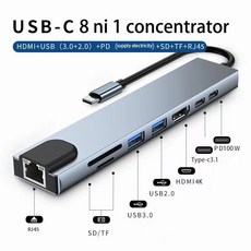 USB-C 8合1集線器 支援HDMI 4K PD 100W USB 3.0 Type-C 3.1 SD/TF讀卡 RJ45網路孔, 1個