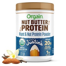Orgain X Justin's ® 비건 너트 버터 단백질 파우더 바닐라 아몬드 버터 - 식물성 단백질 20g 설탕 1g 글루텐 프리 유제품 콩 성분 또는 인공 향료, 1개, 530g