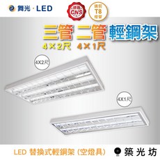【築光坊】舞光 LED 4*1尺 4*2尺 輕鋼架燈具 冷軋鋼板 吸崁二用 取代傳統辦公室燈具, 1個, 4尺×2尺 T8 三管,空燈具 (不包含燈管)